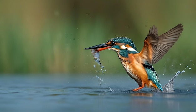 La hembra de Kingfisher emerge del agua después de una inmersión fallida para agarrar un pez