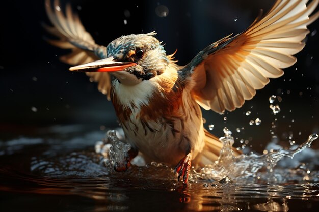 La hembra de Kingfisher emerge del agua después de