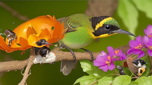 Una hembra de Nectarinia jugularis con un pico lleno de comida alimentando cuidadosamente a su recién nacido