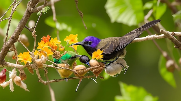 Una hembra de Nectarinia jugularis con un pico lleno de comida alimentando cuidadosamente a su recién nacido