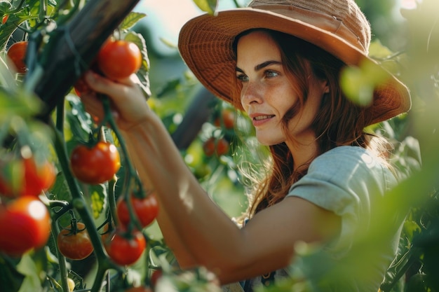 la hembra recogiendo tomates de una planta