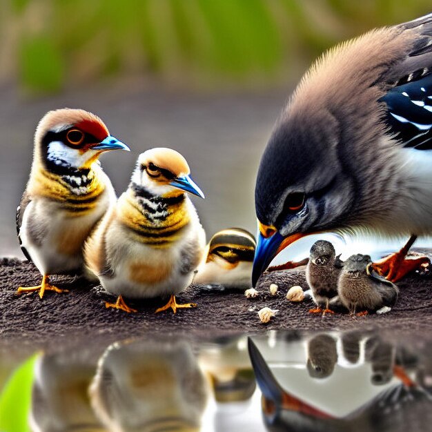 Las hembras de los pájaros coloridos alimentan a los polluelos