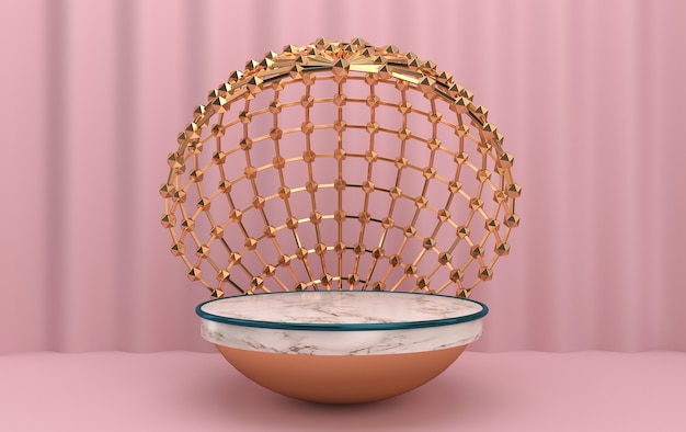 Foto hemisferio de mármol dentro de la jaula, conjunto de grupos de formas geométricas abstractas, fondo rosa, jaula de oro redonda, representación 3d, escena con formas geométricas, escena minimalista de moda