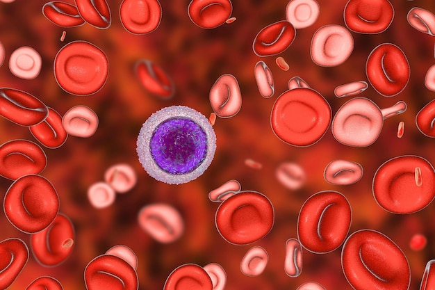 Foto hemotransfusión en el tratamiento de la anemia ilustración 3d que muestra dos poblaciones de glóbulos rojos, glóbulo rojo hipocrómico pequeño y normal un linfocito pequeño se dibuja para la comparación de tamaño