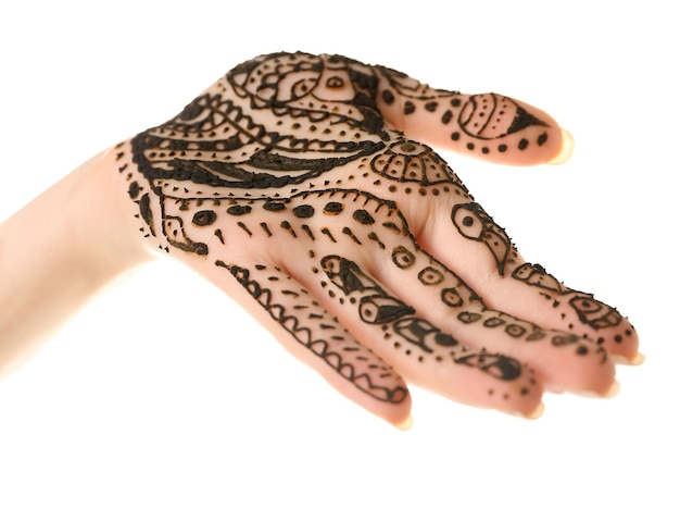 Henna auf weiblicher Hand isoliert auf weiß