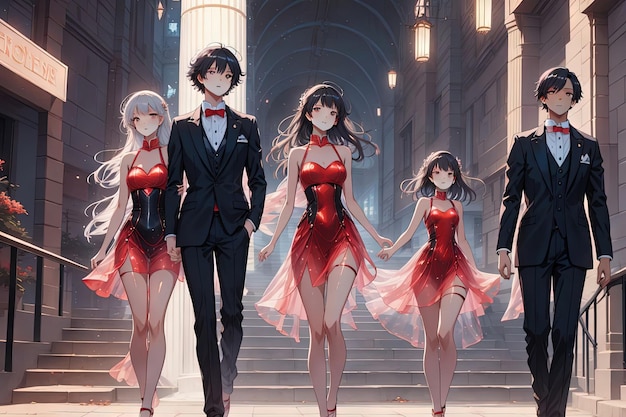 Hentai Anime Manga Formatura do ensino médio ou baile de formatura Celebração de baile ou dança no final do ano letivo Alunos felizes em roupas formais se divertindo com colegas de classe no fundo da universidade