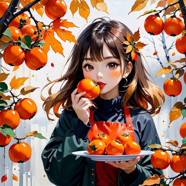 Herbst Ahornblätter Mädchen isst Persimmon Trends auf Pixiv Fanbox Acrylmalerei
