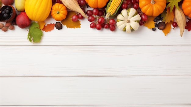 Herbst Bounty Harvest und Thanksgiving Hintergrund mit Früchten und Kürbissen auf einem weißen Holztisch