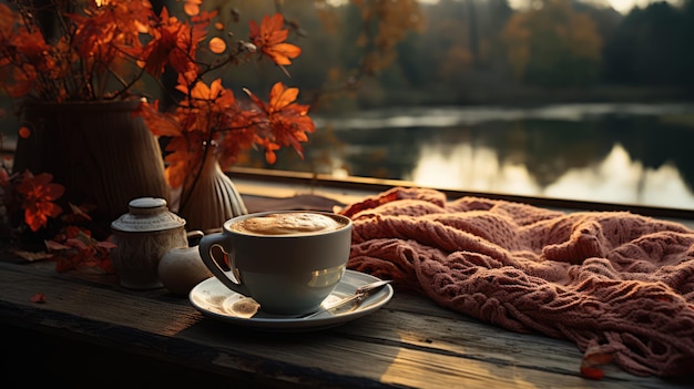 Herbst ein Tisch in einem gemütlichen Café am See eine Tasse Kaffee auf dem Tisch KI generiert