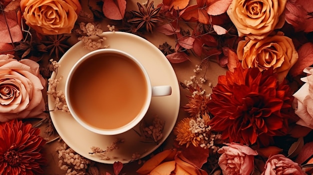 Herbst Flach Zusammensetzung Tasse Tee Herbst trockene helle Blätter isolieren auf weißer Draufsicht