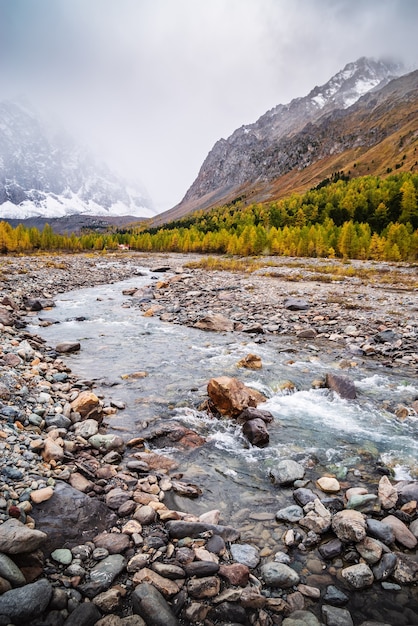 Herbst im Aktru-Flusstal. Severo-Chuysky-Grat, Republik Altai, Russland