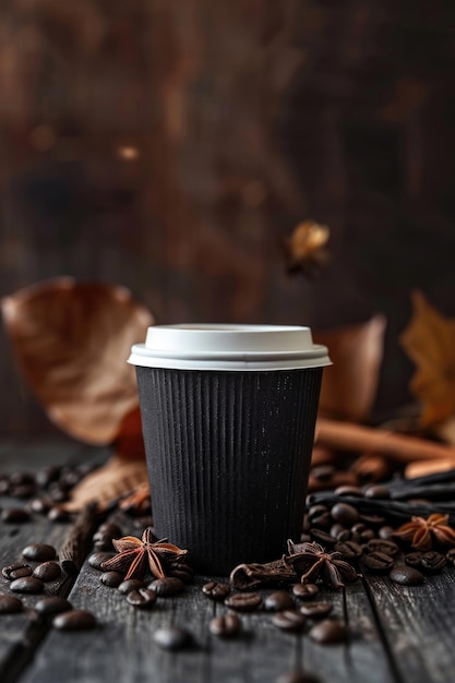 Herbst-inspirierte Kaffeestunde Einwegbecher umgeben von Kaffeebohnen und Herbstblättern