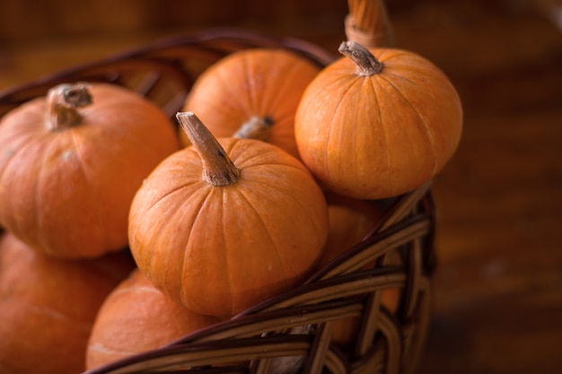 Herbst kleiner orange Kürbis auf einem Holztisch, die Ernte, das Symbol von Halloween.