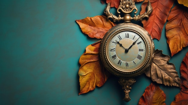 Herbst, Nahaufnahme eines Blattes mit seinen lebendigen Farbtönen vor dem Hintergrund einer eleganten Vintage-Uhr, erstellt mit KI