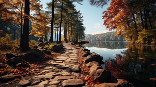 Herbst-Naturansicht auf einem See Brücke im Wald mit einem Pfad, der entlang des Flusses zum See führt