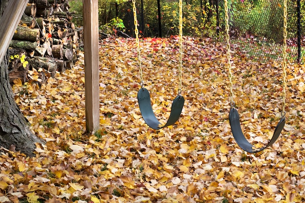 Herbst- oder Herbstgarten voller Blätter und Schaukel.