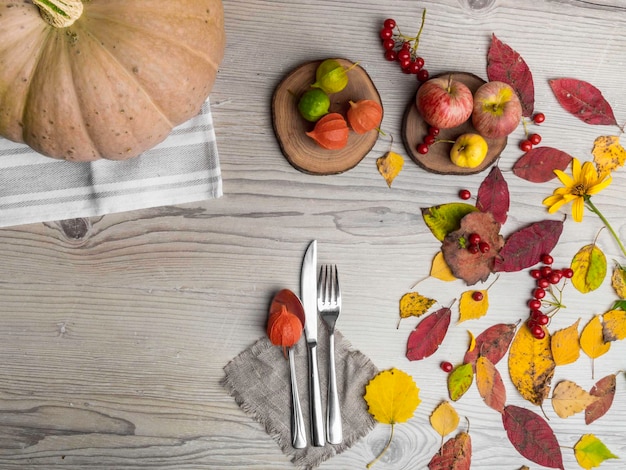 Herbst- oder Herbstthemengedeck mit einem Messer, Löffel und einer Gabel, Sackleinen-Serviette, bunte Blätter, Physalis-Kürbisäpfel, kopieren Platz für Text