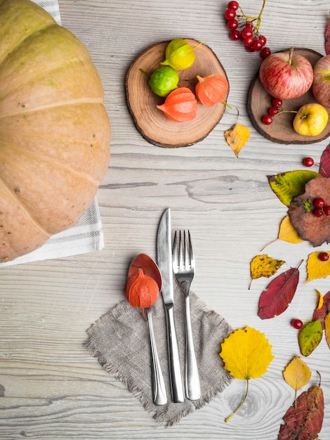 Herbst- oder Herbstthemengedeck mit einem Messer, Löffel und einer Gabel, Sackleinen-Serviette, bunte Blätter, Physalis-Kürbisäpfel, kopieren Platz für Text