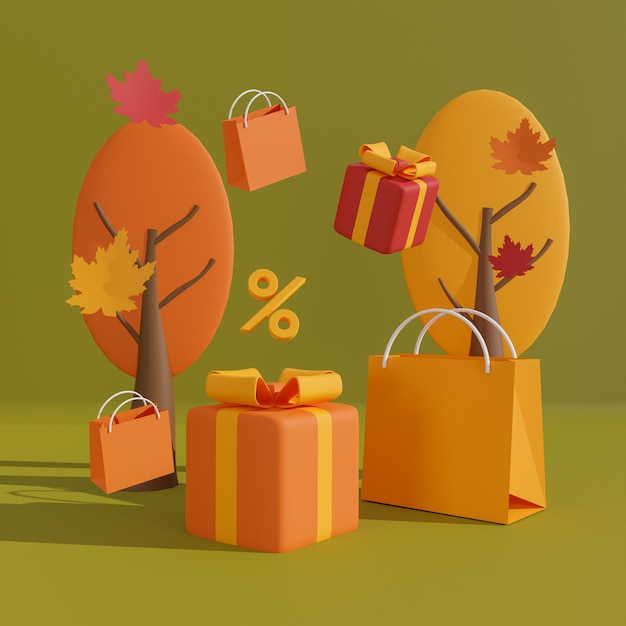 Foto herbst sale hintergrund konzept banner poster oder flyer design vorlage für werbung im web social und fashion ads mit einkaufstasche und geschenkbox auf grünem hintergrund 3d-rendering