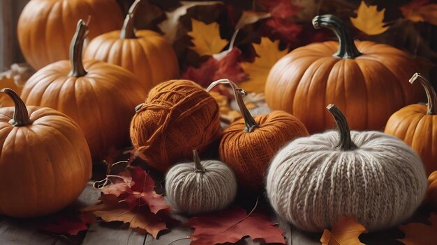 Herbst-Stillleben mit Kürbisblättern und gestricktem Element