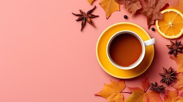 Herbst-Stimmungskonzept Top-View-Foto einer Tasse Tee mit Zitronenscheibe