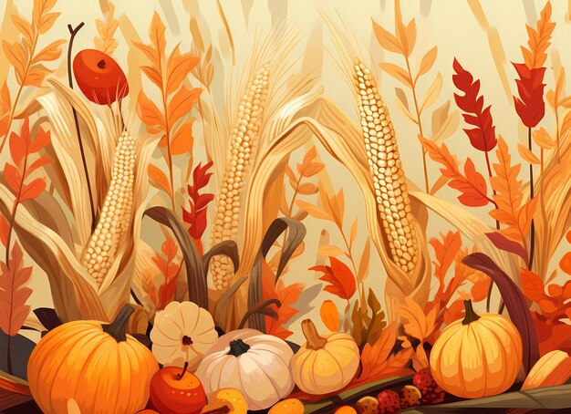 Herbst-Thanksgiving-Kürbis-Mais-Vektor-Illustration-Poster-Banner-Hintergrund