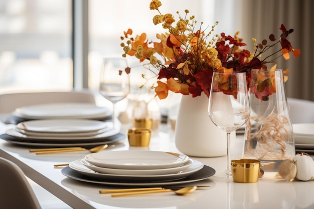 Herbst-Tischgestaltung Ein eleganter Esstisch, geschmückt mit bunten Blättern, Kerzen, minimalistischer weißer und goldener Dekor, generative KI-Illustration