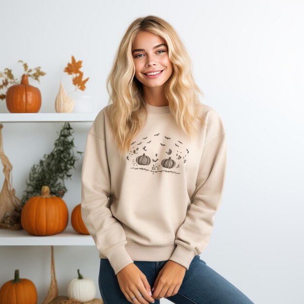 Herbst- und Halloween-Vibe Schönes blondes Model prahlt mit Gildan 18000 Sand-Sweatshirt in ihrem PumpkinA