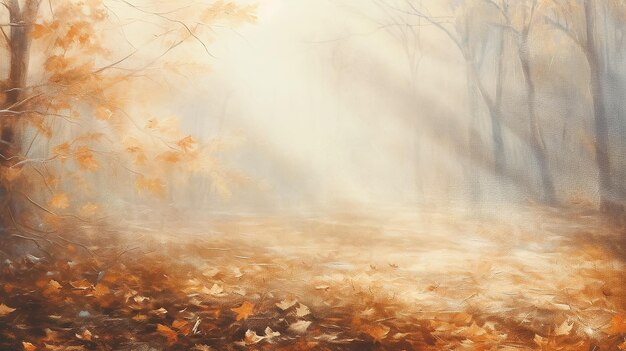 Herbst verschwommenen Hintergrund Morgen Wald in einem sonnigen Nebel gelben Herbst Blätter Zeichnung Schicht Malerei