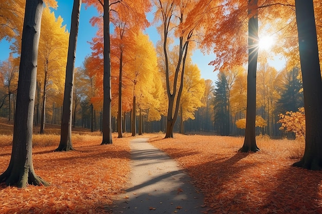 Herbst-Waldlandschaft Goldfarbbaum rotes orangefarbenes Laub im Herbstpark Naturveränderungsszene Gelbes Holz in landschaftlicher Landschaft Sonne am blauen Himmel