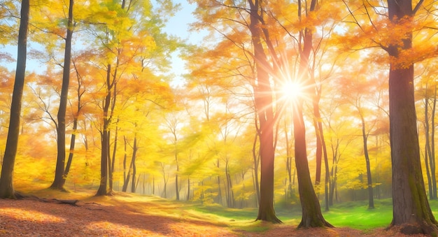 Foto herbst-waldlandschaft mit sonnenscheinen am morgen