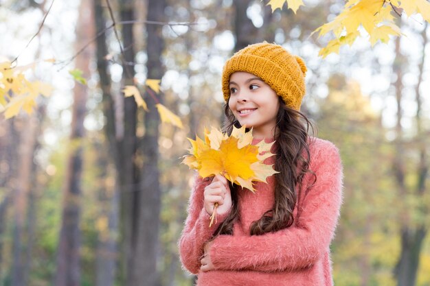 Herbst warme Kleidung Mode für Kinder, die Strickmütze und Pullover tragen, während sie im Herbstpark spazieren gehen oder mit gefallenen Ahornblättern in der Kindheit