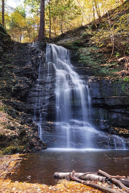 Herbst-Wasserfall im Berg mit Laub