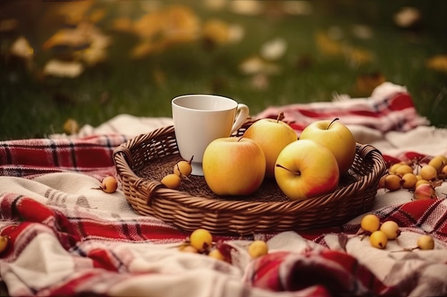 Herbstäpfel im Korb auf Herbstlaubhintergrund mit Kopierraum Ai generativ