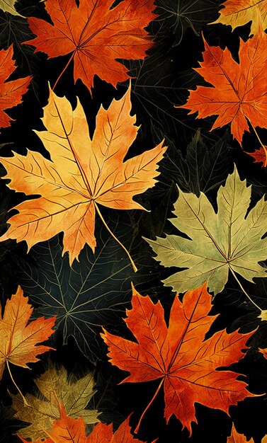Herbstahornblätter nahtloses Muster auf schwarzem Hintergrund Aquarellillustration