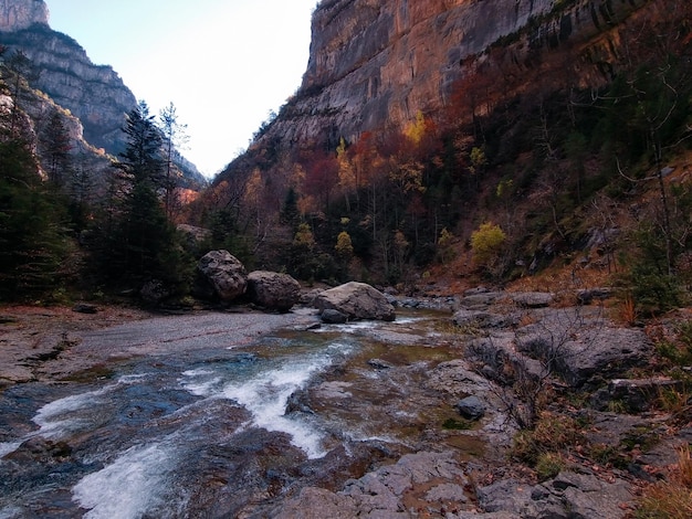 Herbstansicht in der Aisclo-Schlucht im Naturpark Ordesa y Monte Perdido mit dem Rio Bellos