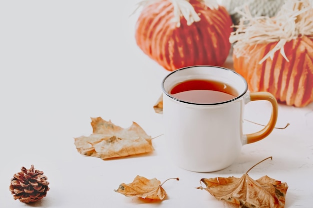 Herbstaufbau Tasse Tee und Blätter im Herbst