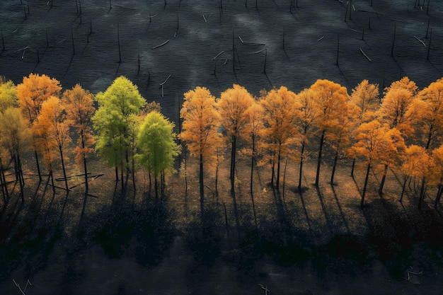 Herbstbäume am Rande eines verbrannten Waldes