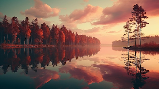 Herbstbäume, die sich im Stil von Dunkelorange und Hellrosa auf dem Wasser spiegeln