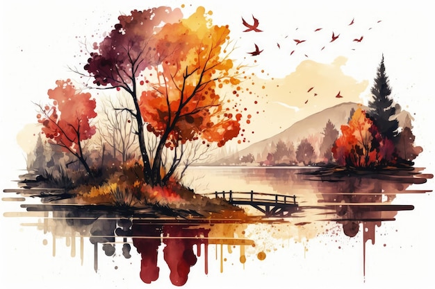 Herbstbäume und gelbe Blätter Aquarellmalerei AI generiert