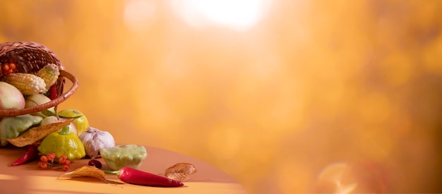 Herbstbanner mit Korb und Gemüse Herbstblatt auf Hintergrund mit Sonnenlicht und Bokeh Kopierbereich