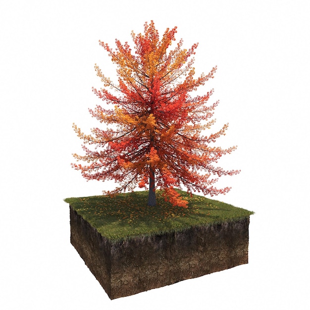 Herbstbaum und Erde darunter geschnitten. Isoliertes Gartenelement, 3D-Illustration, cg-Rendering