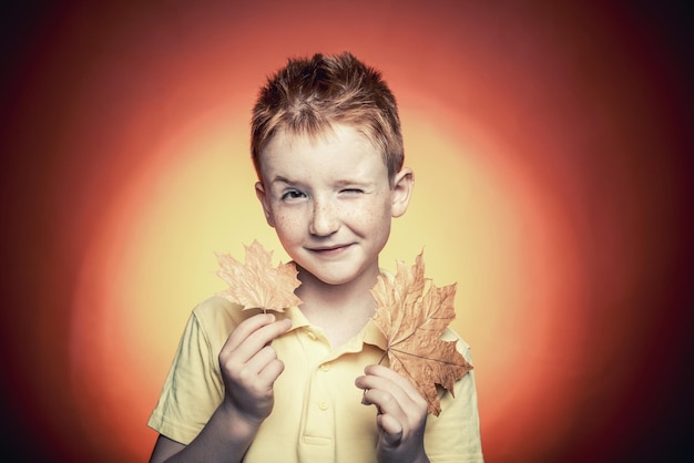 Herbstbaum und Herbstwald. Herbstschlussverkauf oder schwarzer Freitag. Glücklicher netter kluger Junge. Einkaufen am schwarzen Freitag. Kleines Kind genießt Kindheit. Werbekonzept. Regen- und Regenschirm-November-Konzept.