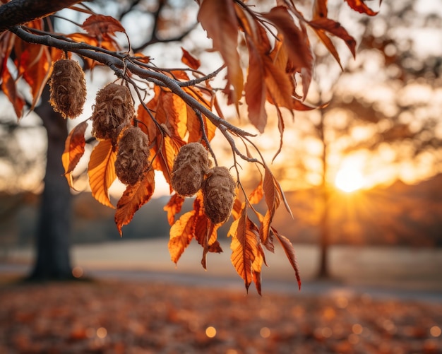 Herbstblätter an einem Baum mit der untergehenden Sonne im Hintergrund