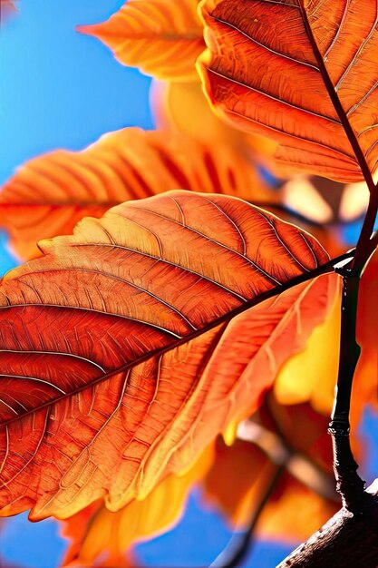 Herbstblätter auf dem blauen Himmel-Hintergrund Nahaufnahme