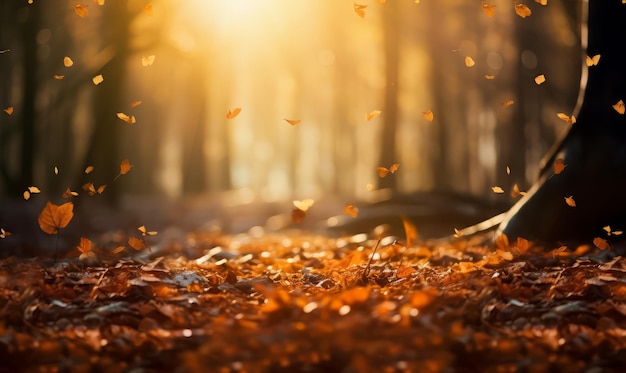 Herbstblätter auf dem Feld mit einem schönen Nachmittagslicht dahinter