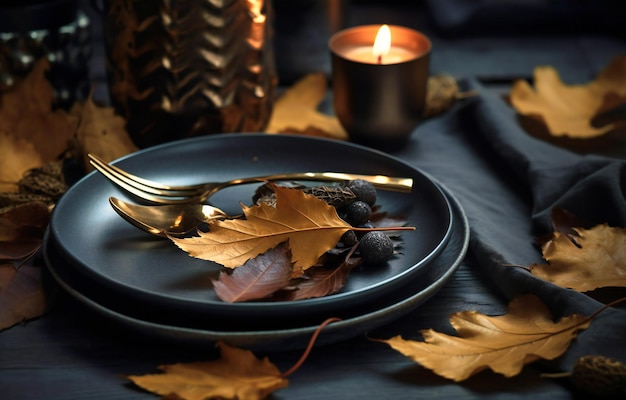 Herbstblätter auf dem Tisch mit Gabel und Messer