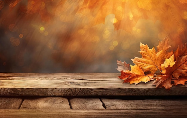Herbstblätter auf einem Holztisch im Stil lichtdurchfluteter Landschaften