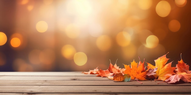 Herbstblätter auf einem Holztisch mit Bokeh-Hintergrund