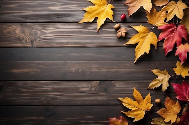 Herbstblätter auf hölzernem Hintergrund mit Kopierplatz